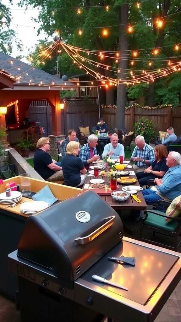 Outdoor barbecue gathering with grill, seating, and festive lights